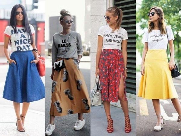 6 стильных образов с яркими юбками миди с принтом на летний сезон 2022